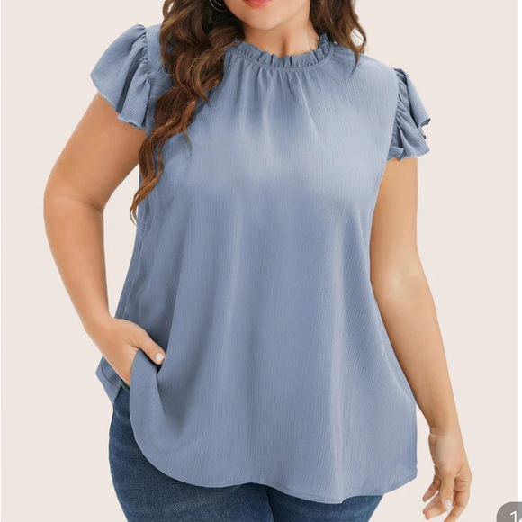 BloomChic Blue Mock Neck Cap Sleeve Ruffle Trim Blouse Plus Size 3X - Picture 1 of 6